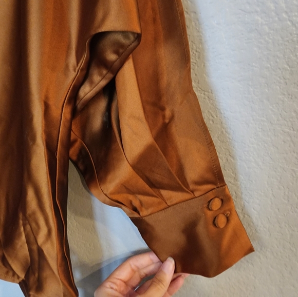 Satin Asymmetrical Cold Shoulder Tie Blouse - Picture 11 of 12